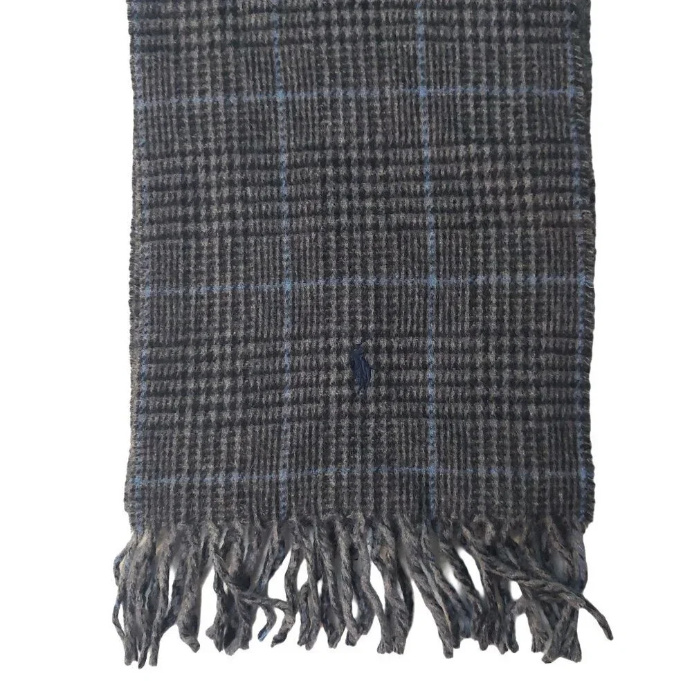 POLO Ralph Lauren Light Blue Black Gray Plaid Reversible Scarf Embroidered Logo